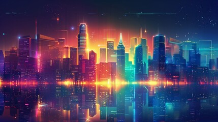 Futuristic Neon City Skyline at Night - Colorful Digital Illustration of Urban Landscape