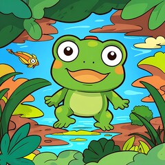 Naklejka premium Green frog with big eyes sitting on lily pad in pond, suitable for nature blog, childrens book illustration, wildlife presentations.