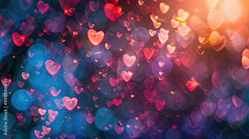 Poster a colorful background with many hearts scattered throughout. the hearts are in various sizes and col