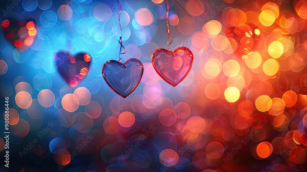 Aufkleber a colorful background with three hearts hanging from a string. the background is a mix of blue and r