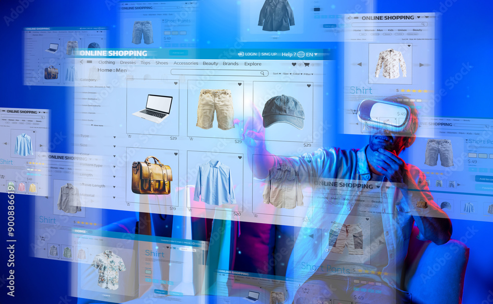 Aufkleber caucasian man choosing and selecting product for shopping list while wearing visual reality goggles.