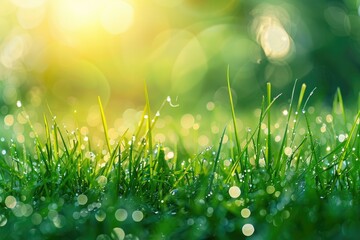 Fototapeta premium A field of green grass with a bright sun shining on it