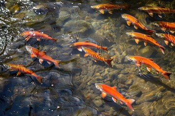 A group of red fish swimming in a river. The water is murky and the fish are scattered throughout the river