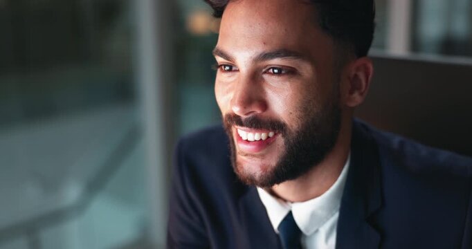 Night, business and man with ideas, thinking and solution with planning, research for project and choice. Evening, risk analyst or employee with pc, decision and online reading for email or review