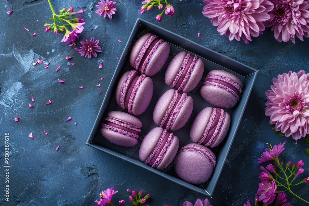 Aufkleber a box of macarons with purple frosting sits on a table with pink flowers. the macarons are arranged 