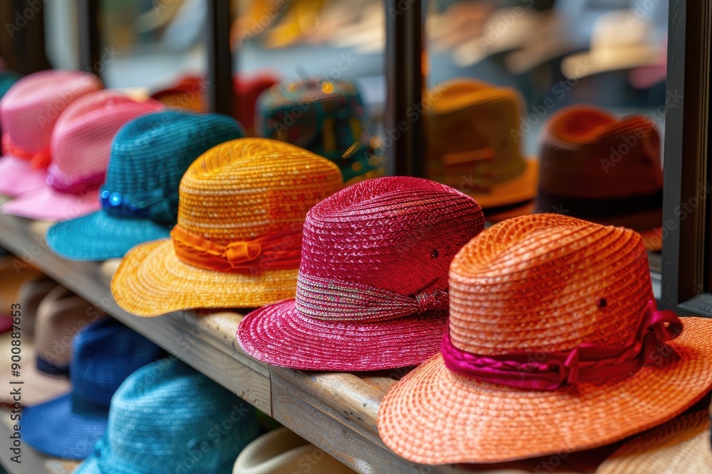 Poster a row of colorful hats are displayed on a shelf. the hats are of various colors and styles, includin