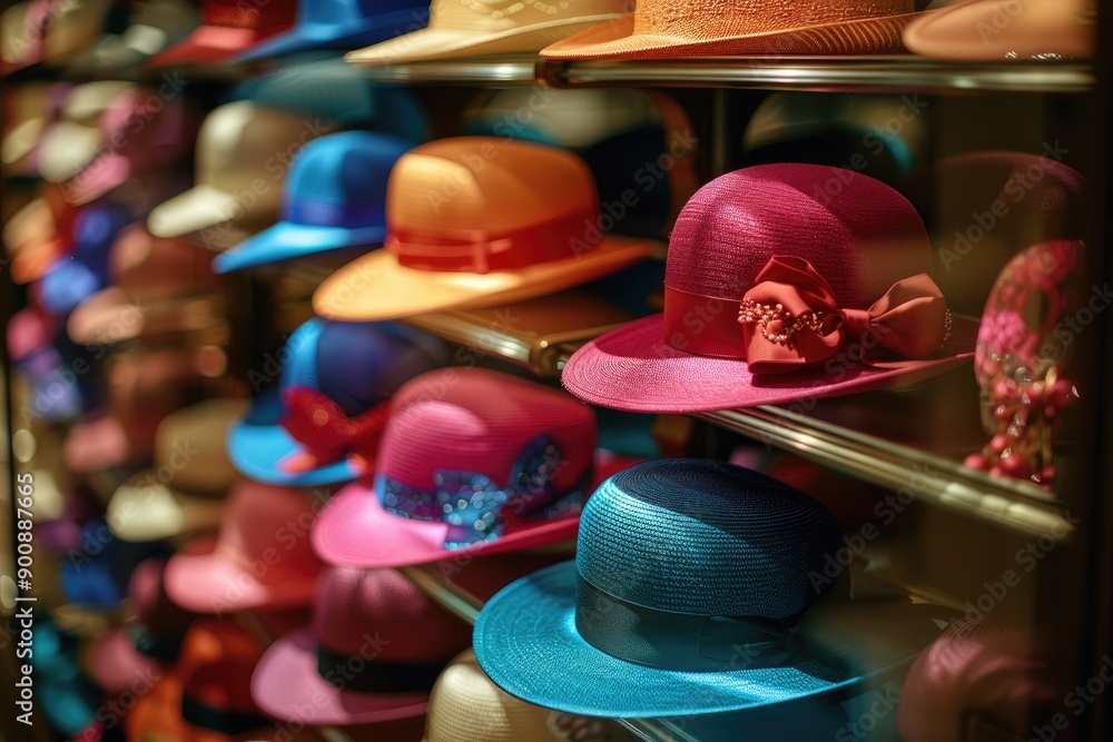 Poster A row of hats with different colors and designs. The hats are displayed on shelves and are arranged in a way that makes them easy to see and choose from. The variety of colors