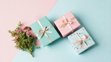 Elegant Gift Boxes with Flowers on Pastel Blue and Pink Background - Perfect for Celebrations and Special Occasions