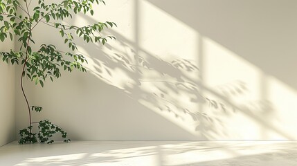 A white room with a plant in the corner and a window that casts a shadow on the wall