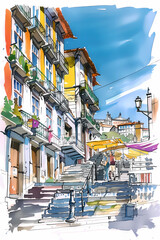 Fototapeta premium Watercolor Sketch Digital Illustration of Porto's Ribeira District.
