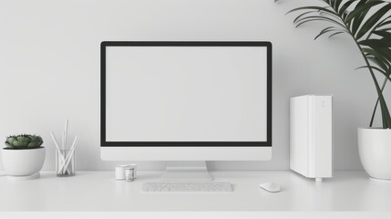 Modern White-Themed PC Setup with Curved Monitor and Speakers