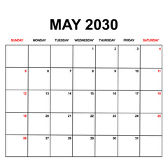 may 2030. Calendar with holydays or red dates. monthly calendar design with week starts on sunday. printable, simple, and clean vector design isolated on white background.