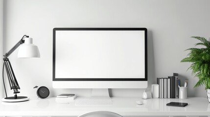 Modern White-Themed PC Setup with Curved Monitor and Speakers