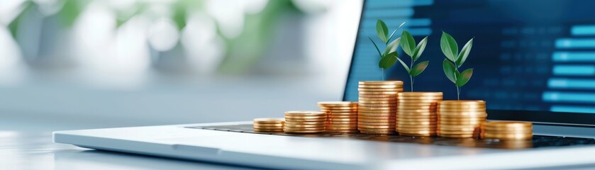 A laptop displaying growth with plants and coins representing financial investment and sustainability in a modern workspace.