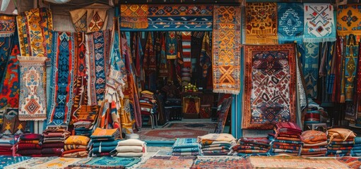 Traditional Turkish or Moroccan street market selling woven fabrics and carpets.