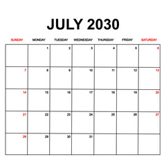 july 2030. Calendar with holydays or red dates. monthly calendar design with week starts on sunday. printable, simple, and clean vector design isolated on white background.