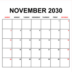 november 2030. Calendar with holydays or red dates. monthly calendar design with week starts on sunday. printable, simple, and clean vector design isolated on white background.