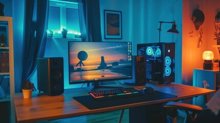 Modern blue-Themed PC Setup with Curved Monitor and Speakers