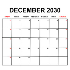december 2030. Calendar with holydays or red dates. monthly calendar design with week starts on sunday. printable, simple, and clean vector design isolated on white background.
