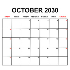 october 2030. Calendar with holydays or red dates. monthly calendar design with week starts on sunday. printable, simple, and clean vector design isolated on white background.