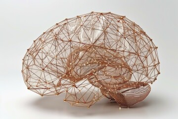 Monochrome sculpture of a brain with geometric patterns symbolizing neural networks and technology in a minimalist and artistic style