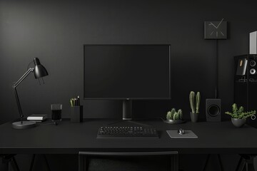 Minimalist Black-Themed Desk Setup with Computer and Accessories