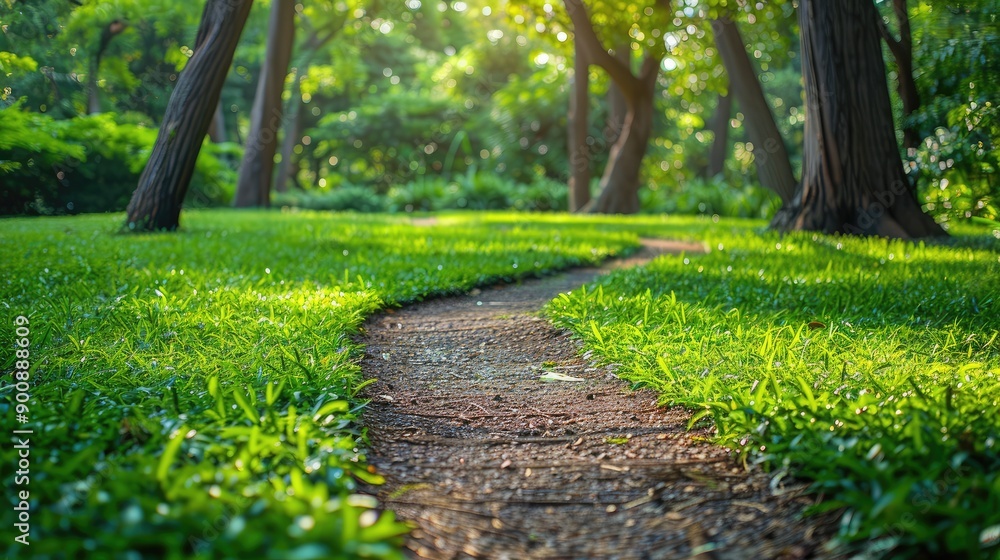 Poster a path in a park with trees and grass. the path is surrounded by a lush green field