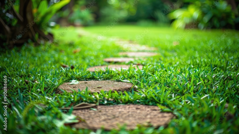 Poster a path through a grassy field with a stone walkway. the path is surrounded by green grass and trees