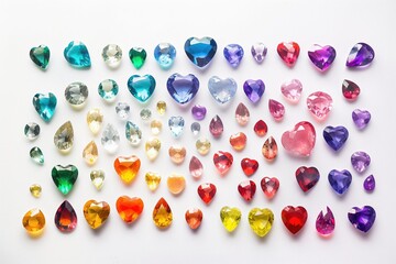 A collection of vibrant, multi-colored gemstones in different shapes and sizes, isolated on a white background, colorful range of colors and cuts.