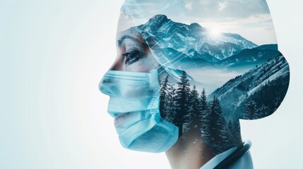 Veterinarian in a clinical setting, blended with mountain forest landscapes and futuristic digital elements, double exposure photography postcard