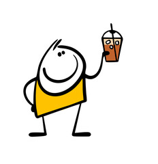 Stickman holds a clear glass with coffee and ice. Vector illustration of cartoon doodle boy in a cafe buying a drink. Summer vibe and hand drawn delicious food.