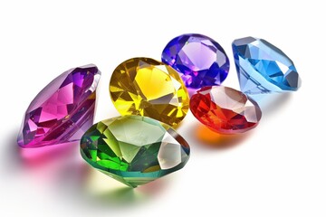 Fototapeta premium A collection of vibrant, multi-colored gemstones in different shapes and sizes, isolated on a white background, colorful range of colors and cuts.