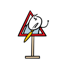 Doodle triangular road sign warns of an evil boss. Vector illustration of an aggressive businessman swearing and clenching his fists. Cartoon unpleasant stick figure man threatens and abuses.