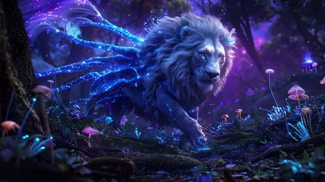 A beautiful fantasy lion in the jungle in very stunning footage