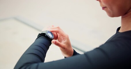 Closeup, check smart watch and woman with fitness, health stats and time with progress and measure workout. New York, athlete and runner with results and technology for wellness with endurance or app