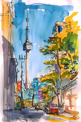 Obraz premium Watercolor Sketch Digital Illustration of N Seoul Tower in South Korea.