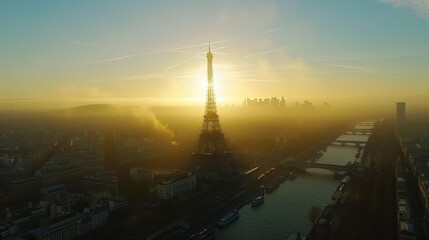 Eiffel Tower iconic landmark and Paris old roofs from above, Paris France