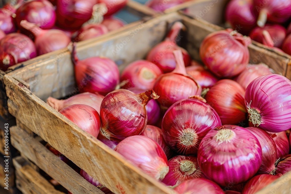Poster a crate full of red onions. the crate is wooden and has a rustic feel. the onions are piled high and