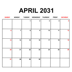 april 2031. Calendar with holydays or red dates. monthly calendar design with week starts on sunday. printable, simple, and clean vector design isolated on white background.
