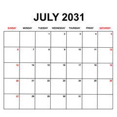 july 2031. Calendar with holydays or red dates. monthly calendar design with week starts on sunday. printable, simple, and clean vector design isolated on white background.