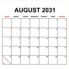 august 2031. Calendar with holydays or red dates. monthly calendar design with week starts on sunday. printable, simple, and clean vector design isolated on white background.