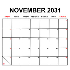 november 2031. Calendar with holydays or red dates. monthly calendar design with week starts on sunday. printable, simple, and clean vector design isolated on white background.