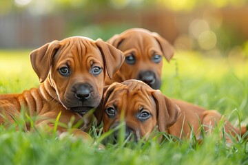 Three puppies are laying in the grass, looking at the camera. Scene is warm and friendly, as the puppies seem to be enjoying each other's company