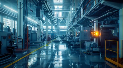 Fototapeta premium factory warehouse with conveyor belt and industrial equipment