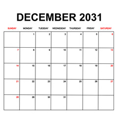 december 2031. Calendar with holydays or red dates. monthly calendar design with week starts on sunday. printable, simple, and clean vector design isolated on white background.
