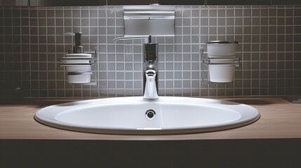Fototapeta premium A sink with a silver faucet and a soap dispenser