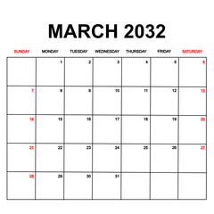 march 2032. Calendar with holydays or red dates. monthly calendar design with week starts on sunday. printable, simple, and clean vector design isolated on white background.