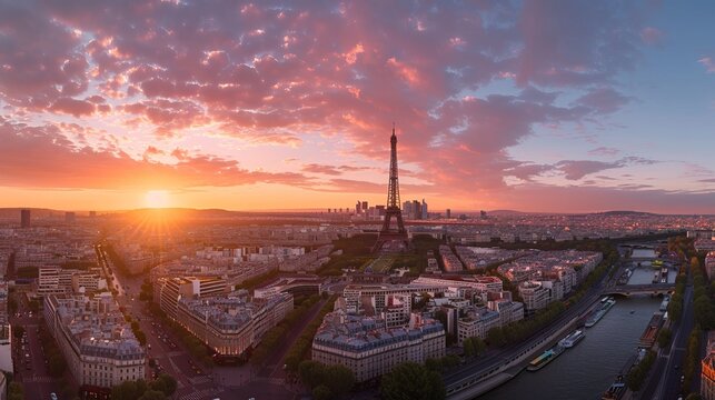 Eiffel Tower iconic landmark and Paris old roofs from above, Paris France