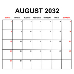 august 2032. Calendar with holydays or red dates. monthly calendar design with week starts on sunday. printable, simple, and clean vector design isolated on white background.