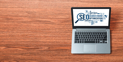 SEO search engine optimization for modish e-commerce and online retail business showing on computer...